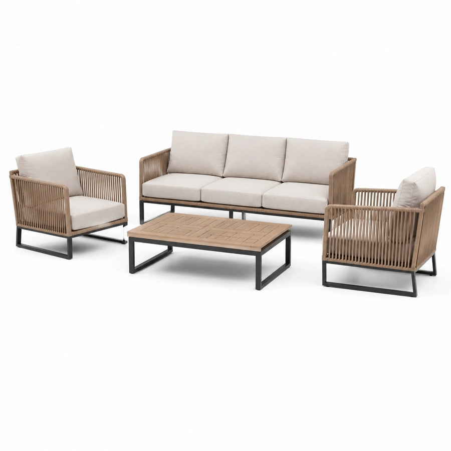 Salon de jardin 4 pièces 210 cm en corde tressée beige avec table basse style contemporain