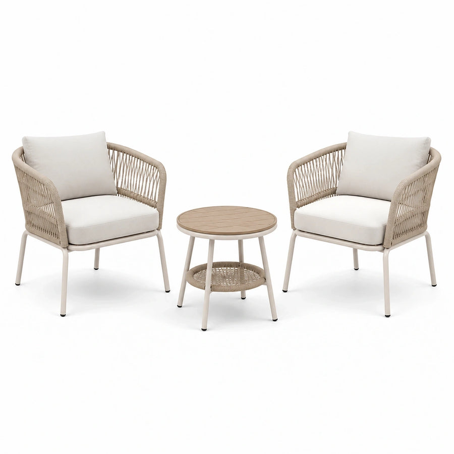 Salon de jardin 2 fauteuils et table ronde 60 cm métal corde beige style contemporain