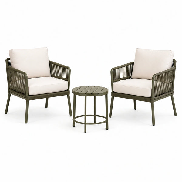 Salon de jardin 2 fauteuils et table ronde 60 cm métal et corde vert olive crème contemporain