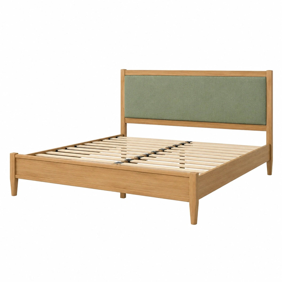 Lit double Yavrixo 160x200 cm en bois naturel vert avec tête rembourrée et sommier à lattes visible dans l'image.