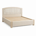 Lit double Yavrixo 160x200 cm en bois et tissu beige avec lattes, style contemporain, design moderne et élégant.