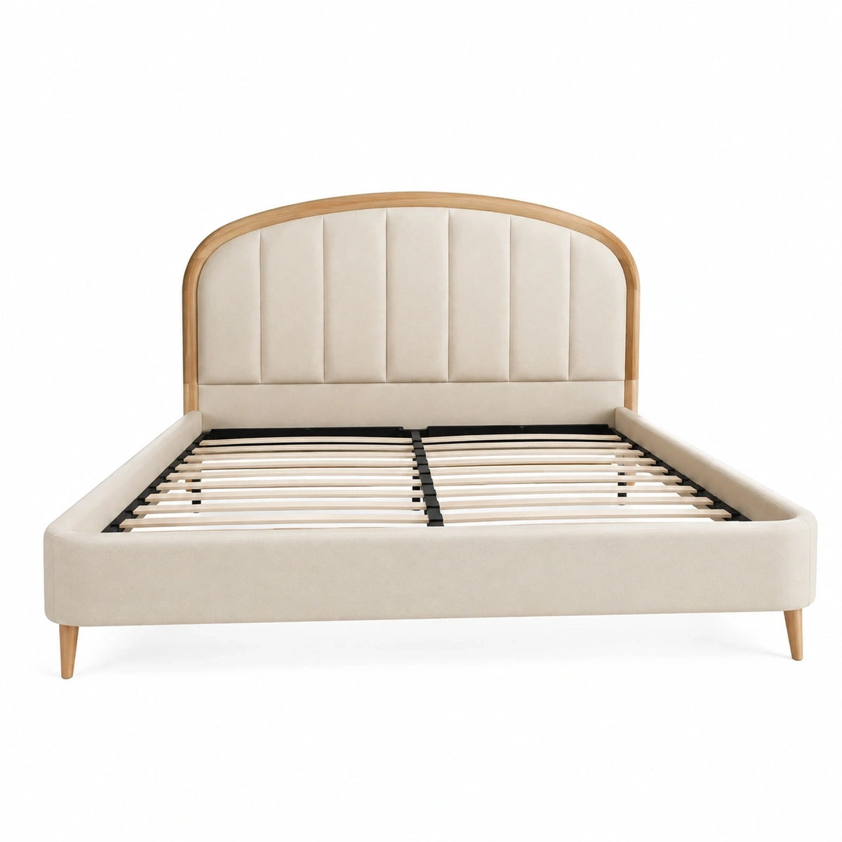 Lit double 160x200 cm en tissu beige et bois naturel avec sommier à lattes, style contemporain, par Yavrixo