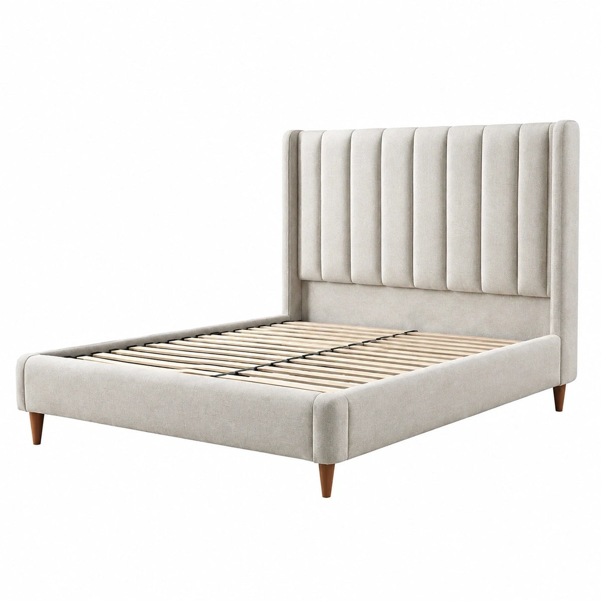 Lit double Yavrixo 160x200 cm en tissu beige avec sommier à lattes, style contemporain, visible avec draps et oreillers.