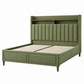 Lit double Yavrixo 160x200 cm en tissu vert avec tête de lit capitonnée et espace de rangement intégré.