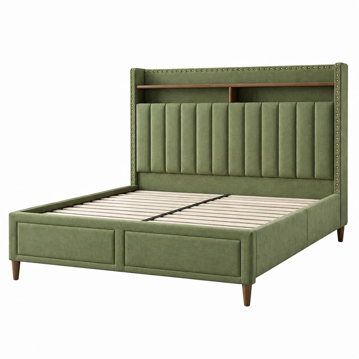 Lit double Yavrixo 160x200 cm en tissu vert avec tête de lit capitonnée et espace de rangement intégré.