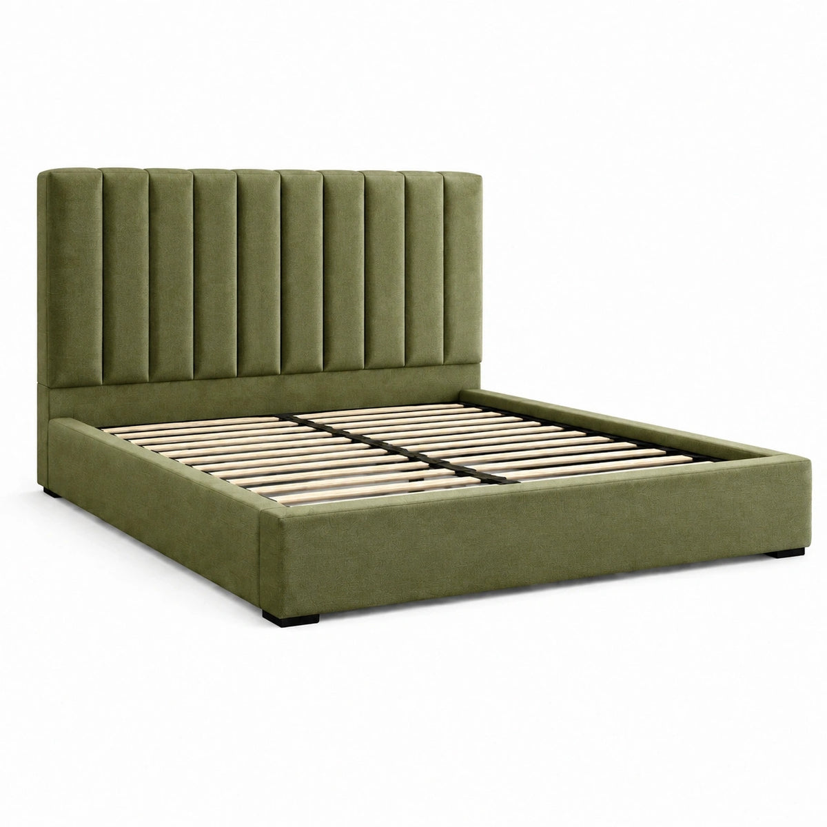 Lit double Yavrixo 160x200 cm en velours vert avec sommier à lattes, style contemporain, visible avec draps et coussins.