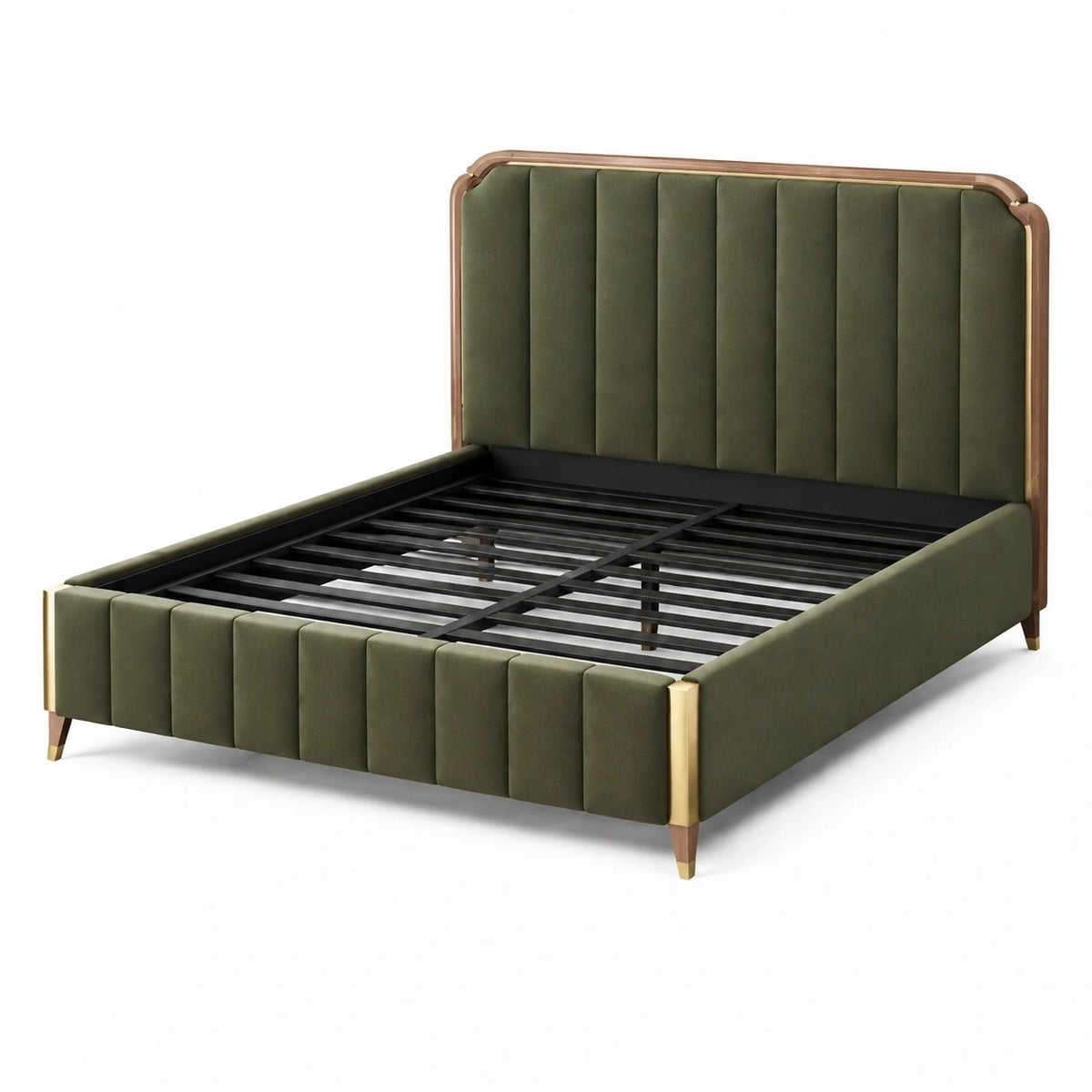 Lit double Yavrixo en velours vert 160x200 cm avec tête de lit capitonnée, style contemporain, élégant et confortable.