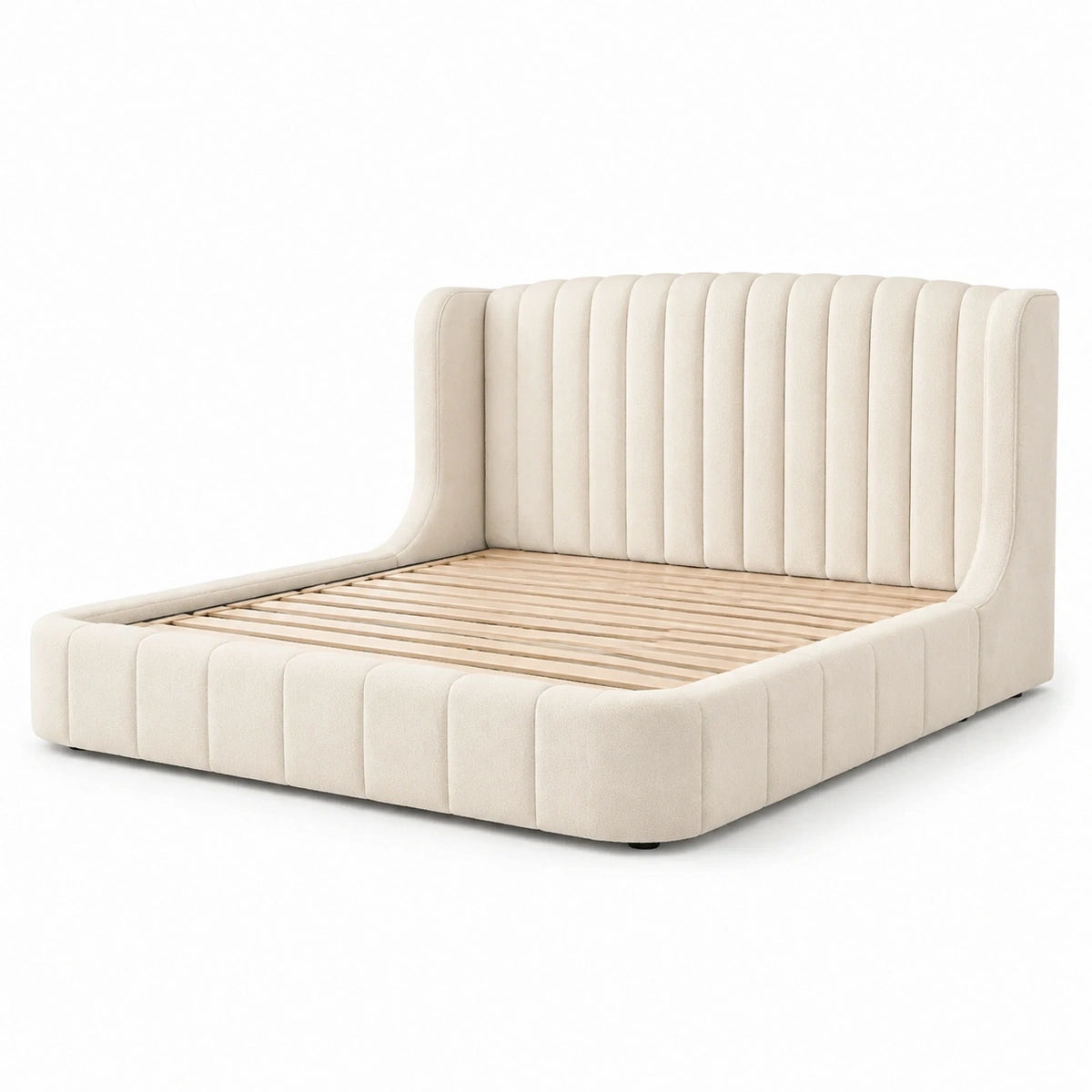 Lit double Yavrixo en tissu crème 160x200 cm avec sommier à lattes, style contemporain, élégant et confortable.