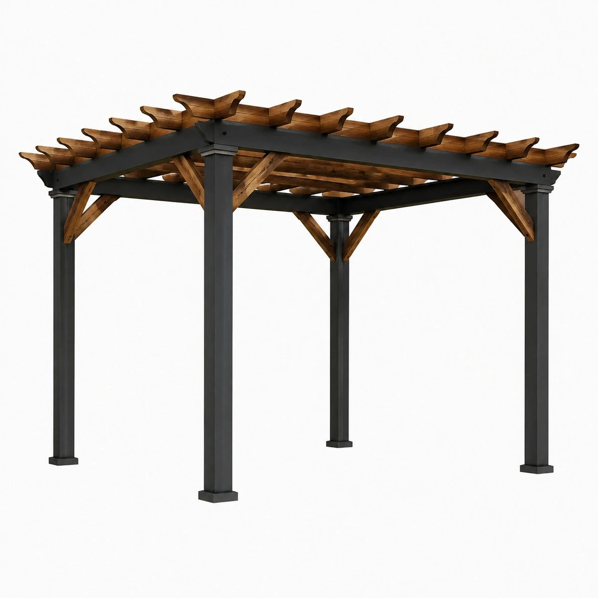 Pergola de jardin 300 x 300 x 240 cm en acier et bois marron noir style rustique