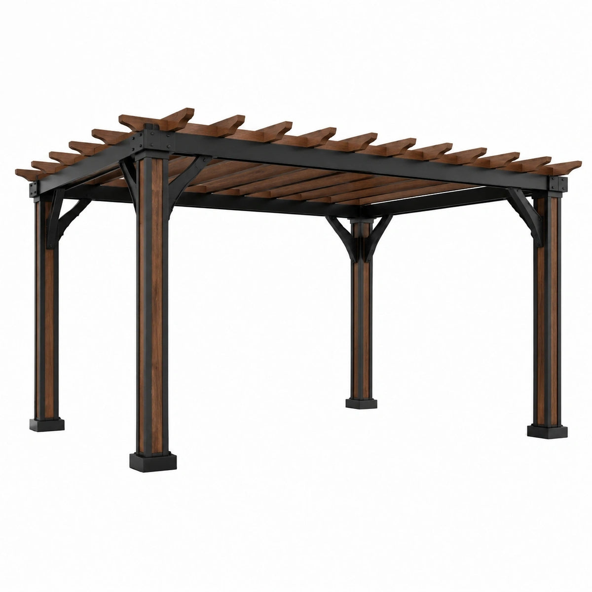 Pergola de jardin 400 x 300 x 230 cm en bois et métal marron noir à toit ajouré