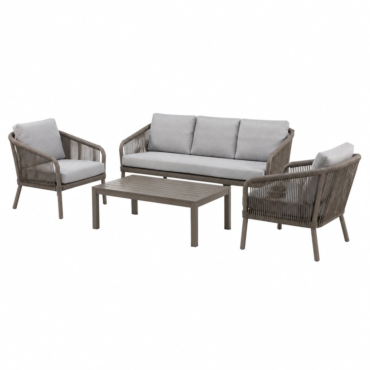Salon de jardin 4 places 200 cm en métal taupe et corde tressée style contemporain
