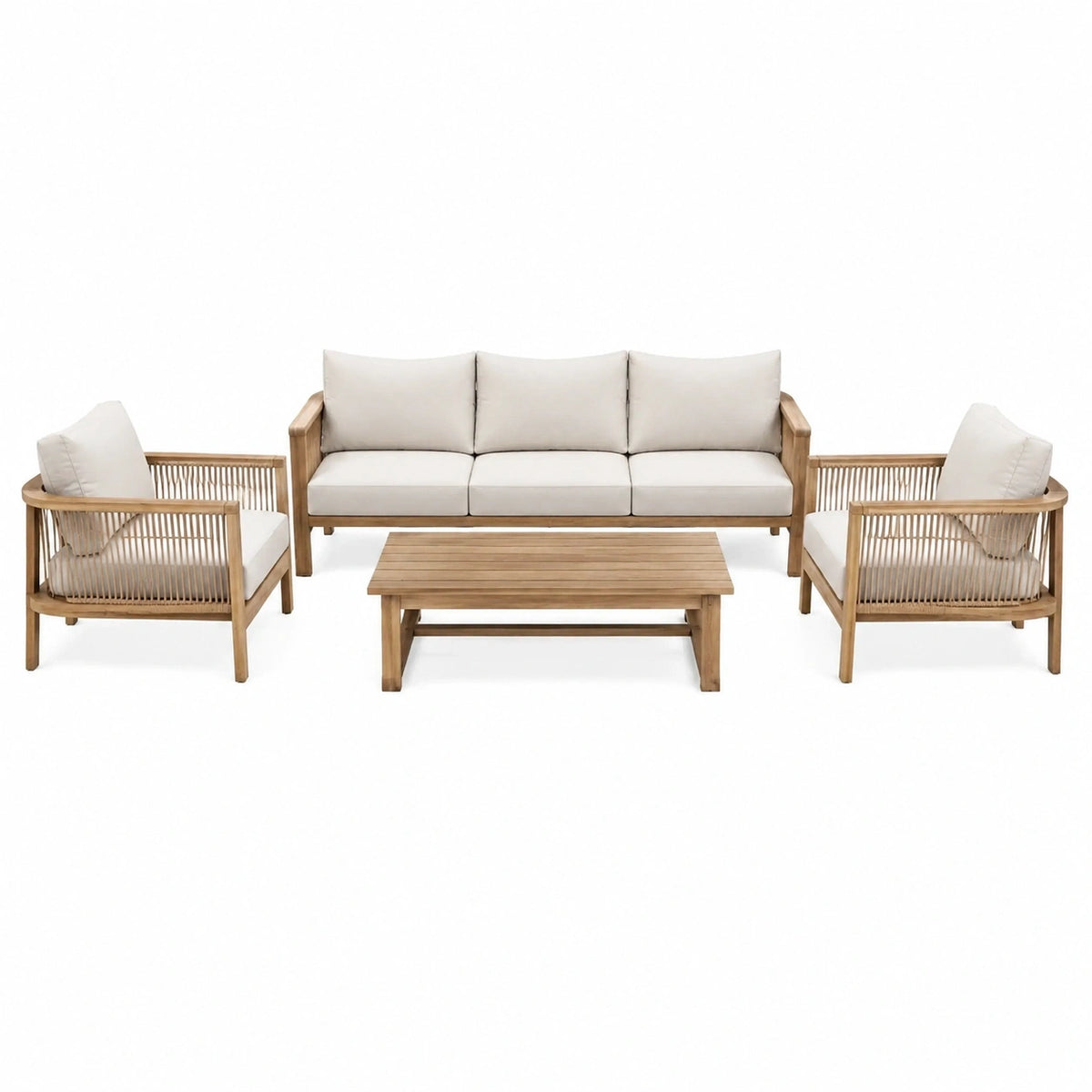 Salon de jardin 5 places en bois beige - ensemble extérieur avec table basse