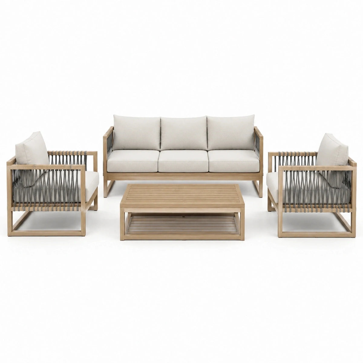 Salon de jardin 4 pièces 200 cm en bois beige gris tressé pour terrasse style contemporain