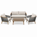 Salon de jardin 4 places en bois et corde gris beige avec table basse