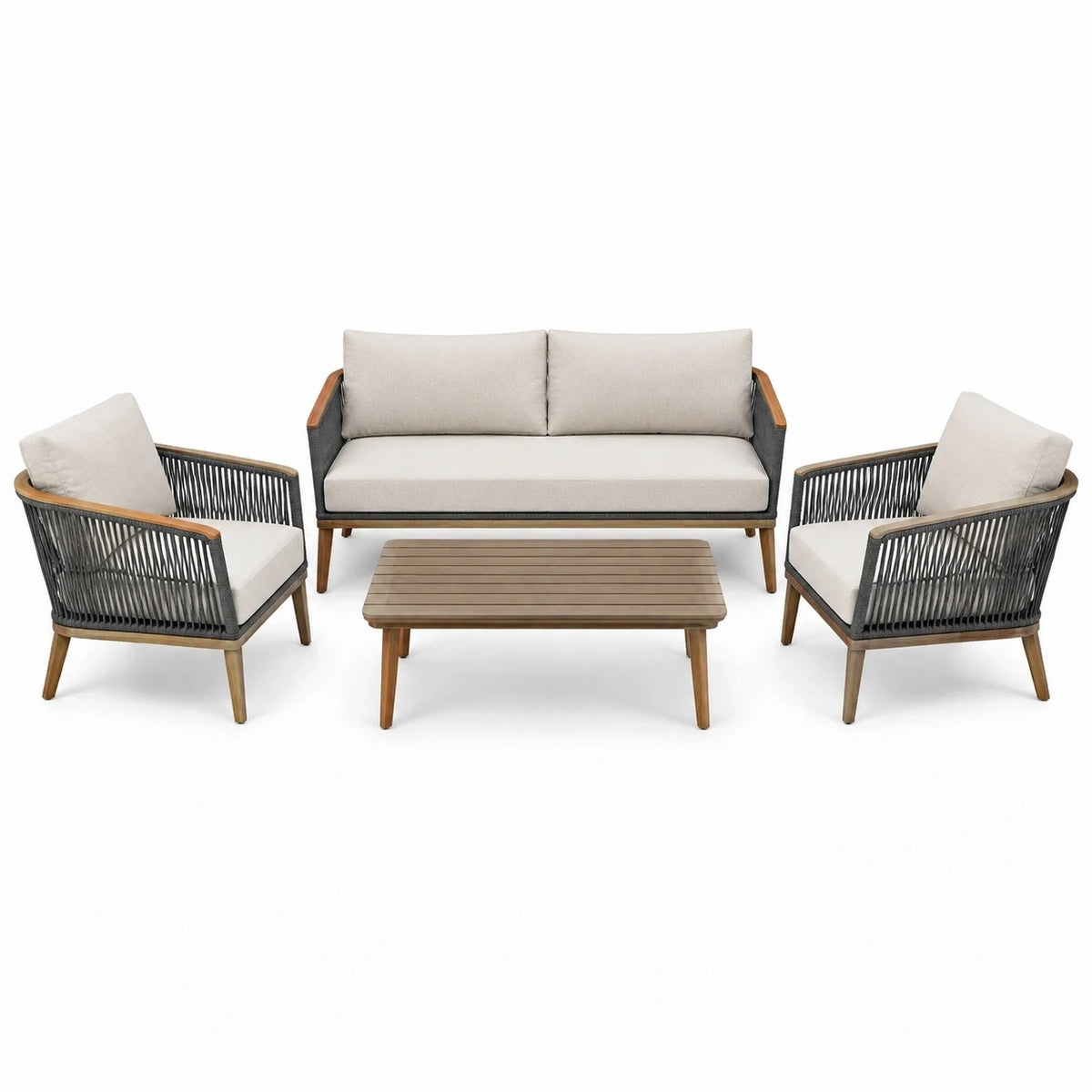Salon de jardin 4 places en bois et corde gris beige avec table basse