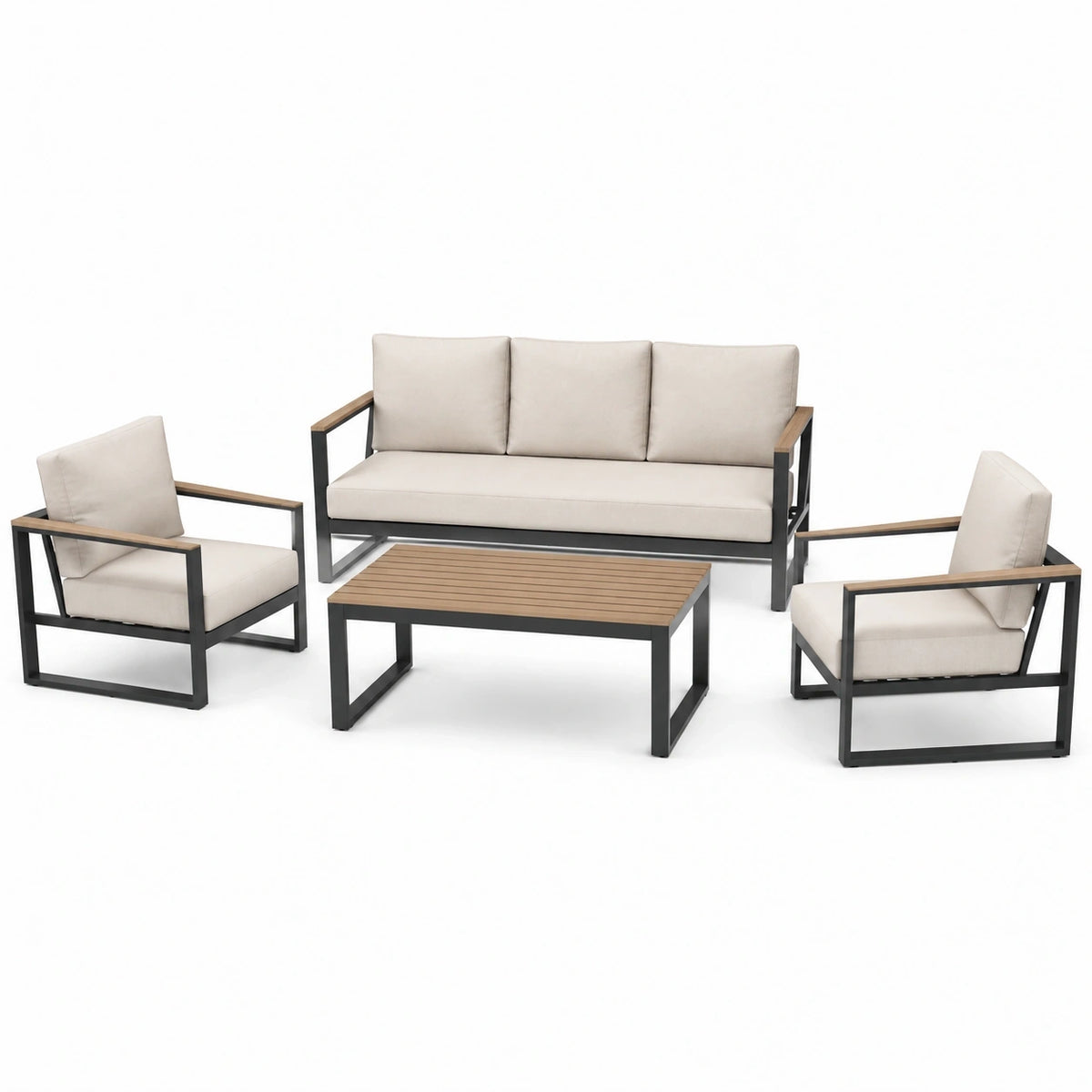 Salon de jardin 4 pièces 198 cm métal noir bois beige style contemporain