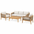 Salon de jardin 4 pièces en bois naturel et corde beige - canapé 3 places avec table basse 110 cm style contemporain