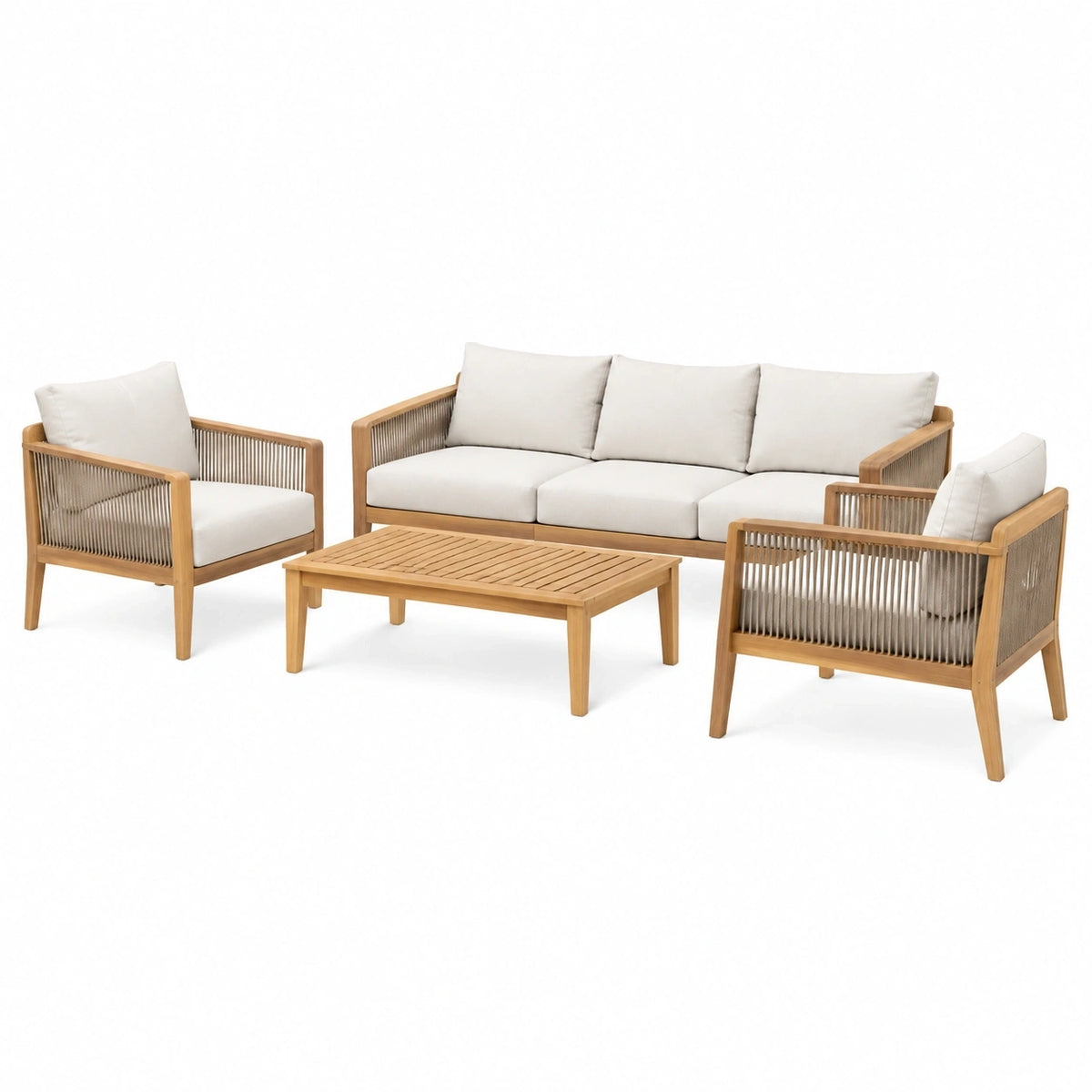 Salon de jardin 4 pièces en bois naturel et corde beige - canapé 3 places avec table basse 110 cm style contemporain