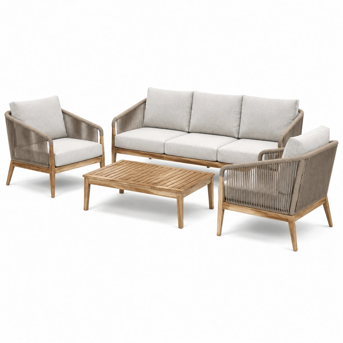 Salon de jardin 4 pièces 200 cm en bois beige et taupe avec table basse style contemporain