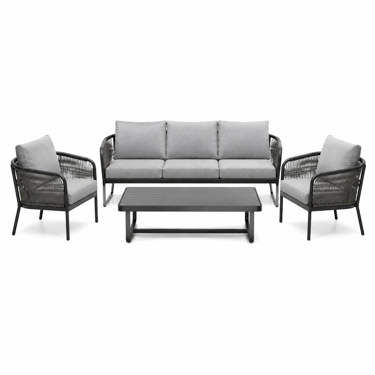 Salon de jardin 4 pièces 190 cm métal noir tressage gris style contemporain