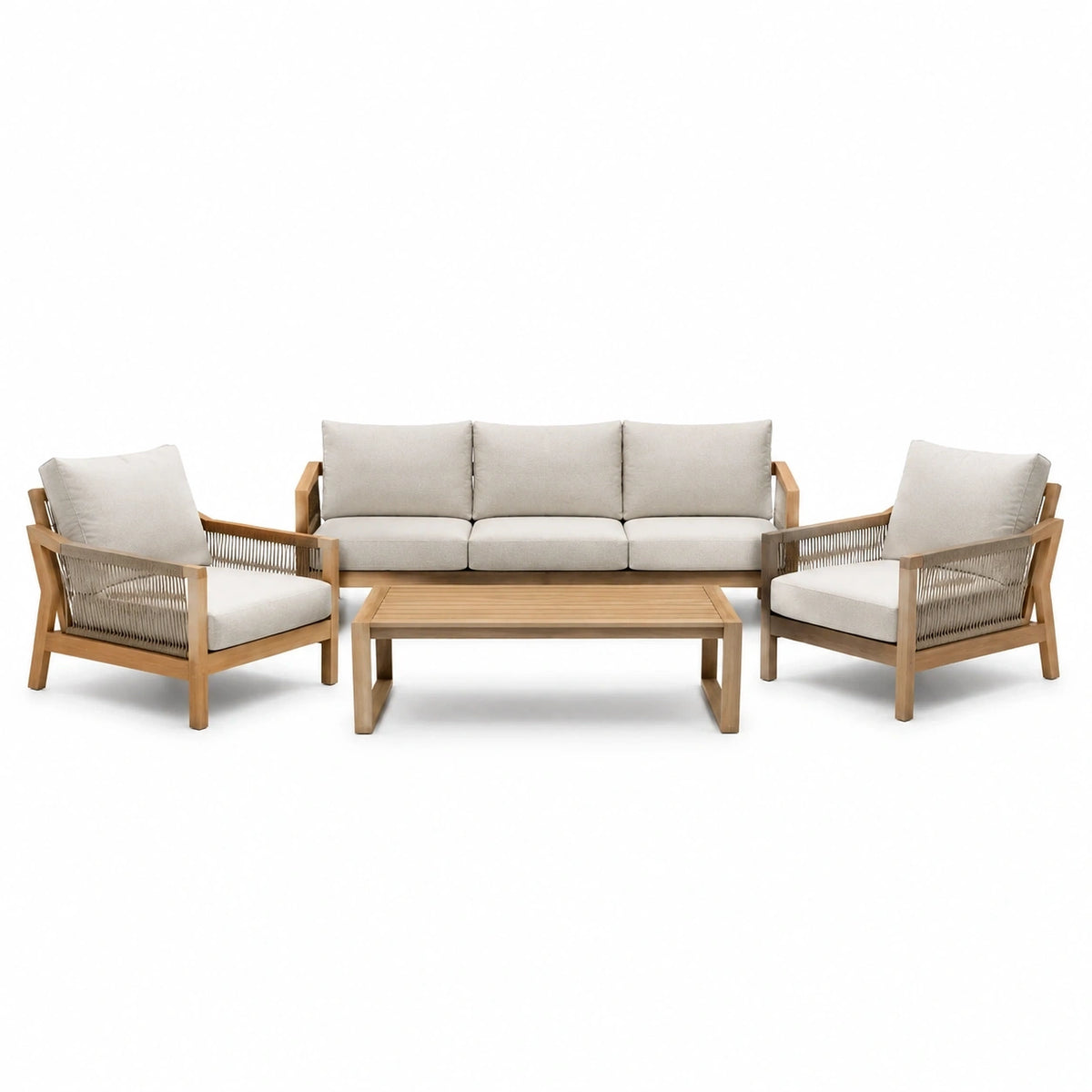 Salon de jardin 4 pièces 210 x 75 x 76 cm en bois beige avec corde tressée style contemporain