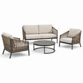 Salon de jardin 4 pièces métal et corde taupe beige avec table ronde 80 cm style contemporain
