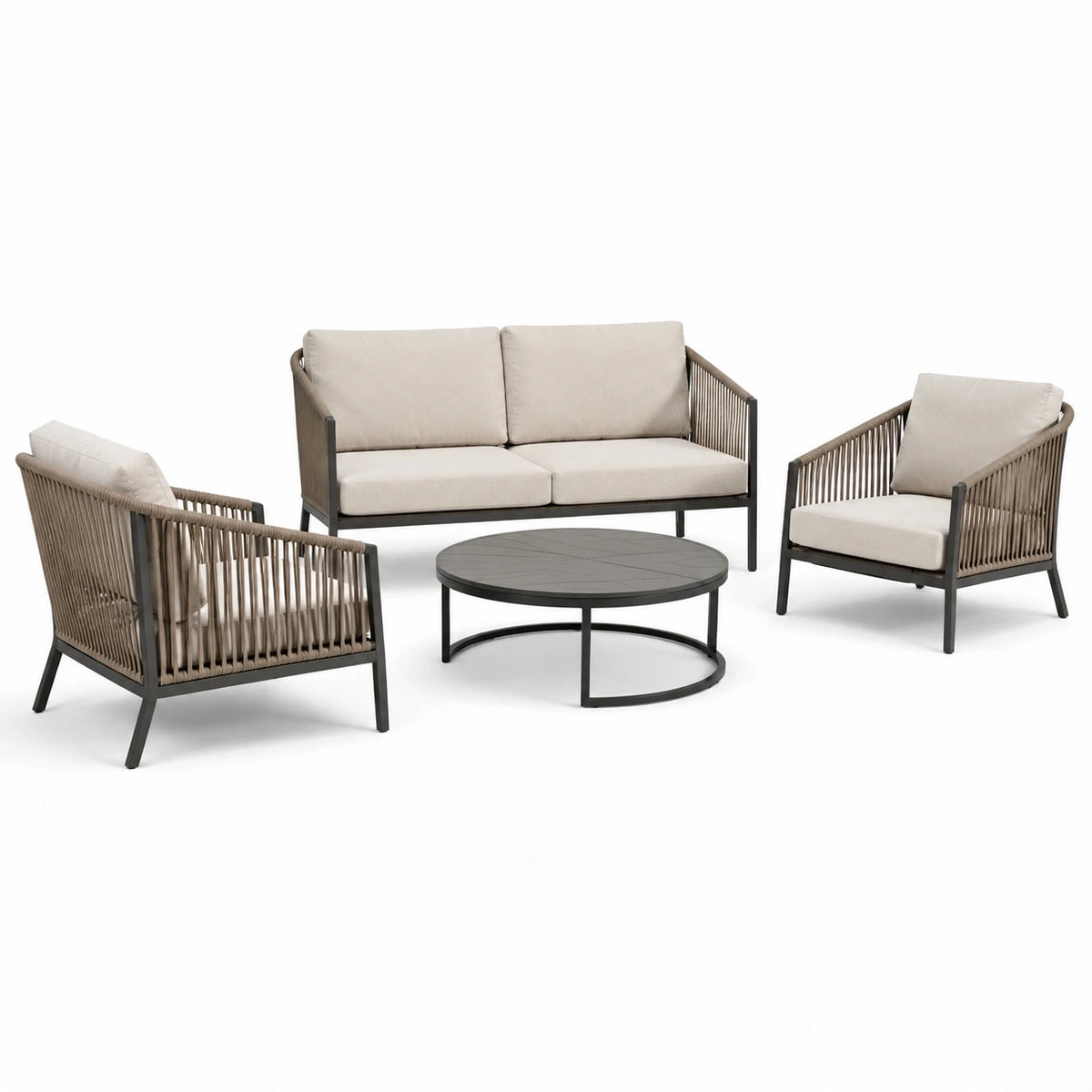 Salon de jardin 4 pièces métal et corde taupe beige avec table ronde 80 cm style contemporain