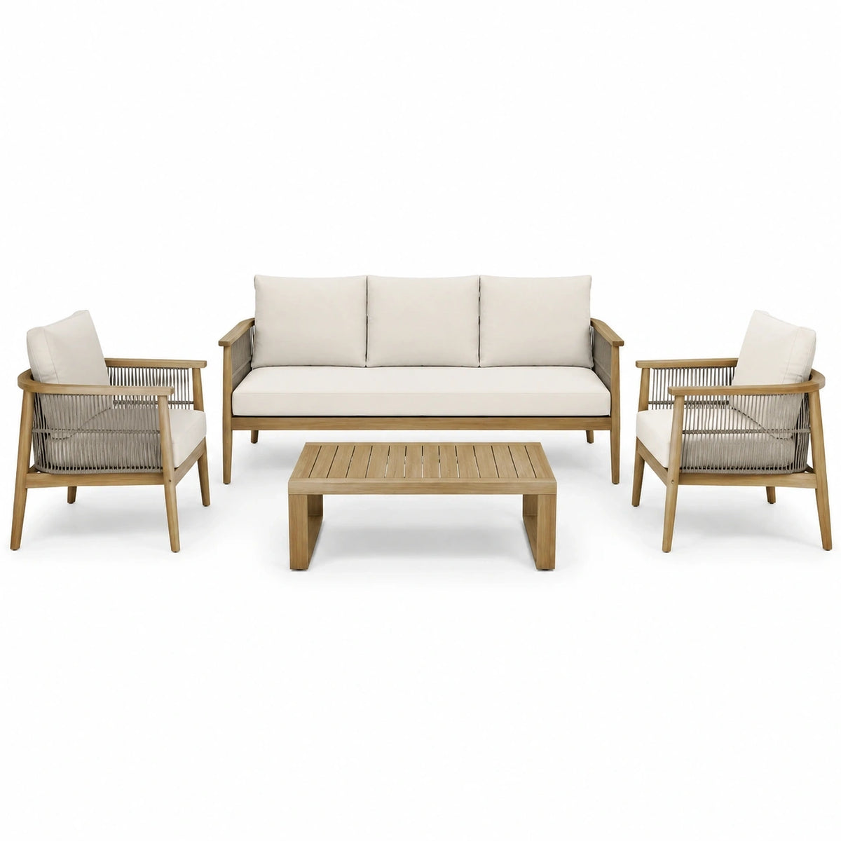 Salon de jardin 4 pièces 190 cm en bois brun et corde tressée style contemporain