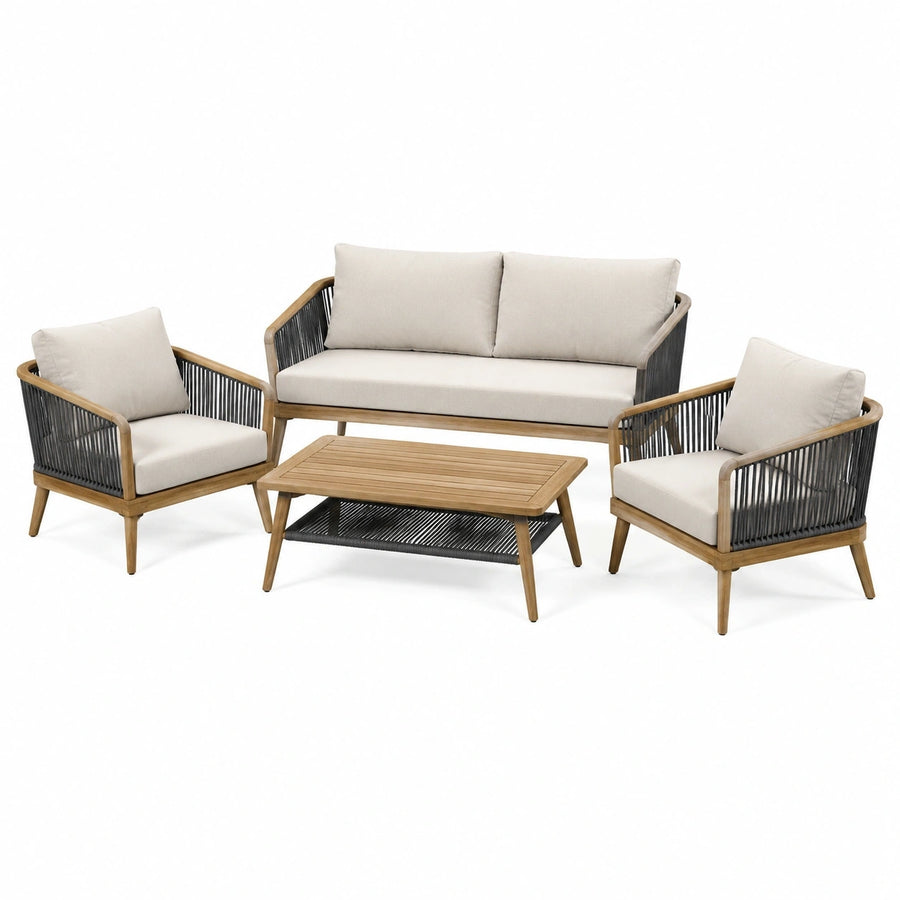 Salon de jardin 4 pièces en bois beige et noir avec table basse 100 x 60 cm