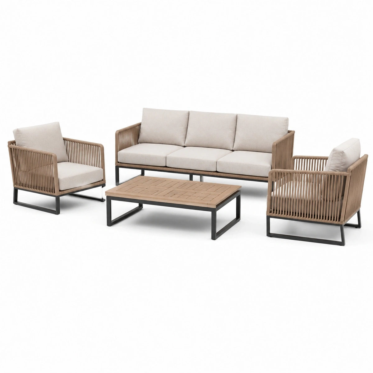 Salon de jardin 4 pièces 210 cm en corde tressée beige avec table basse style contemporain