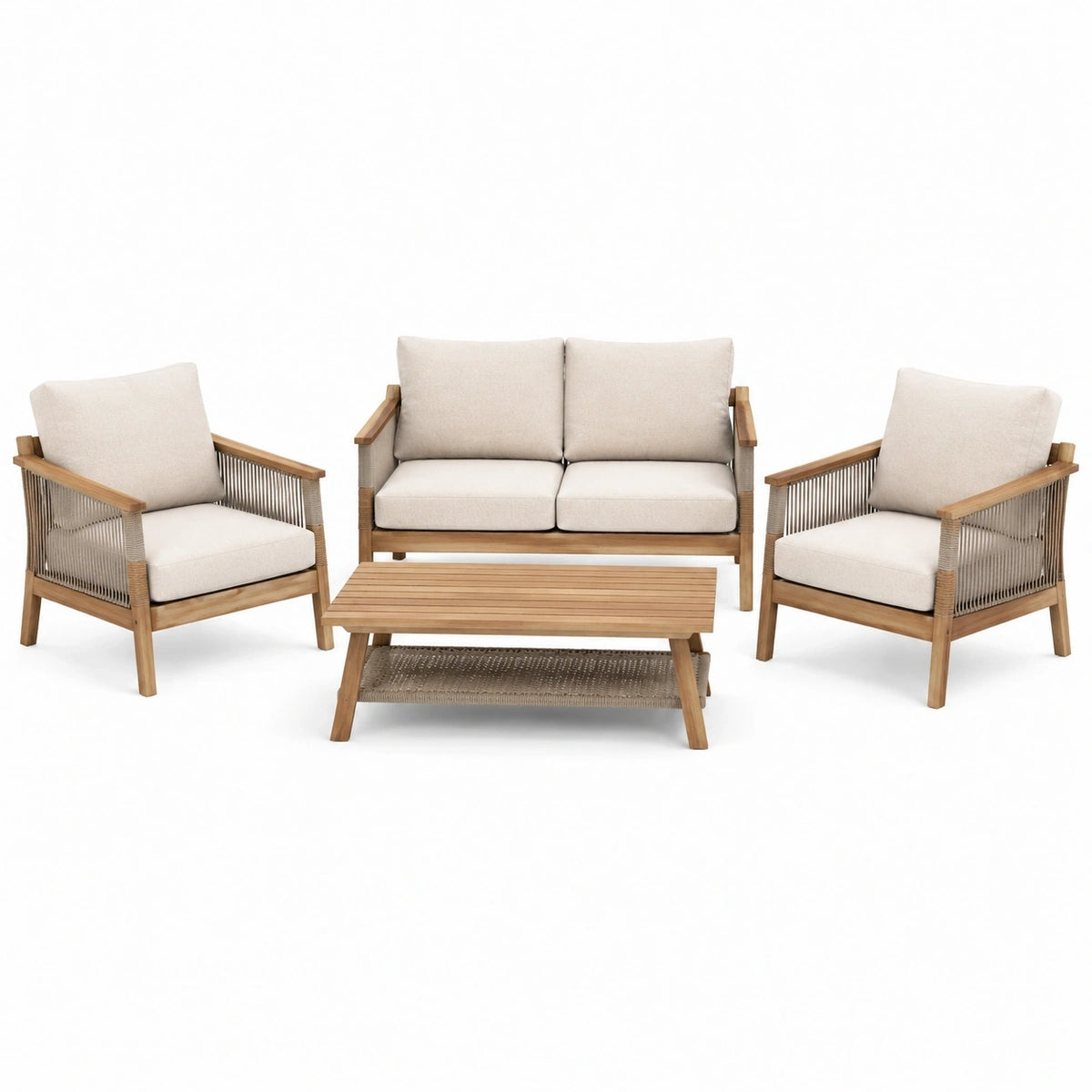 Salon de jardin 4 pièces en bois beige avec table basse style naturel