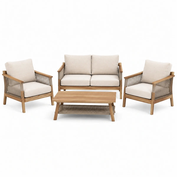 Salon de jardin 4 pièces en bois beige avec table basse style naturel