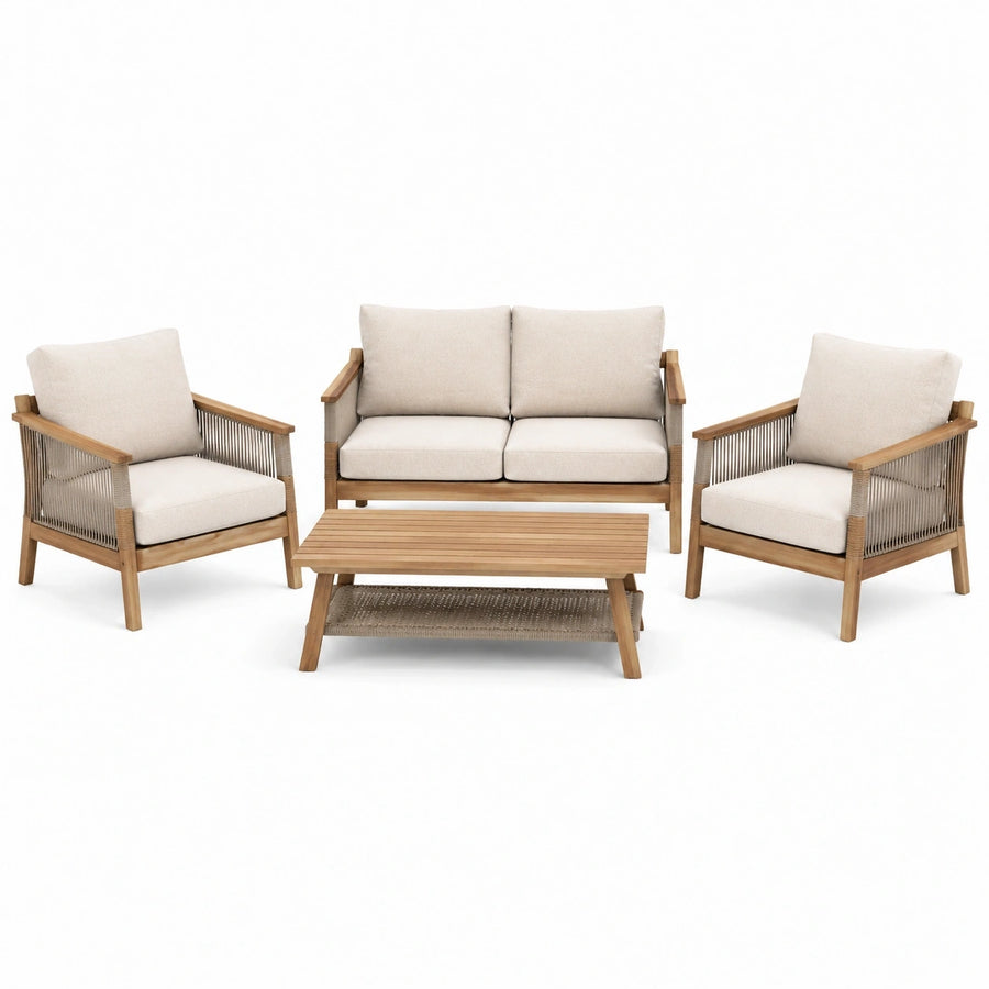 Salon de jardin 4 pièces en bois beige avec table basse style naturel