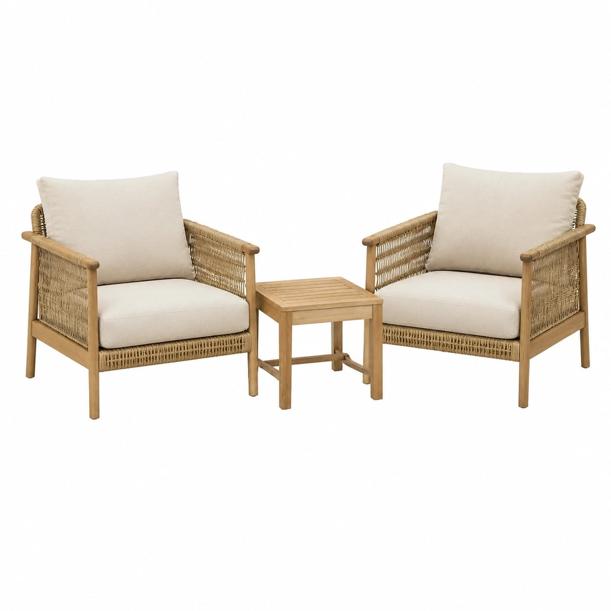 Salon de jardin 2 fauteuils et table 65 cm bois tressé beige style naturel