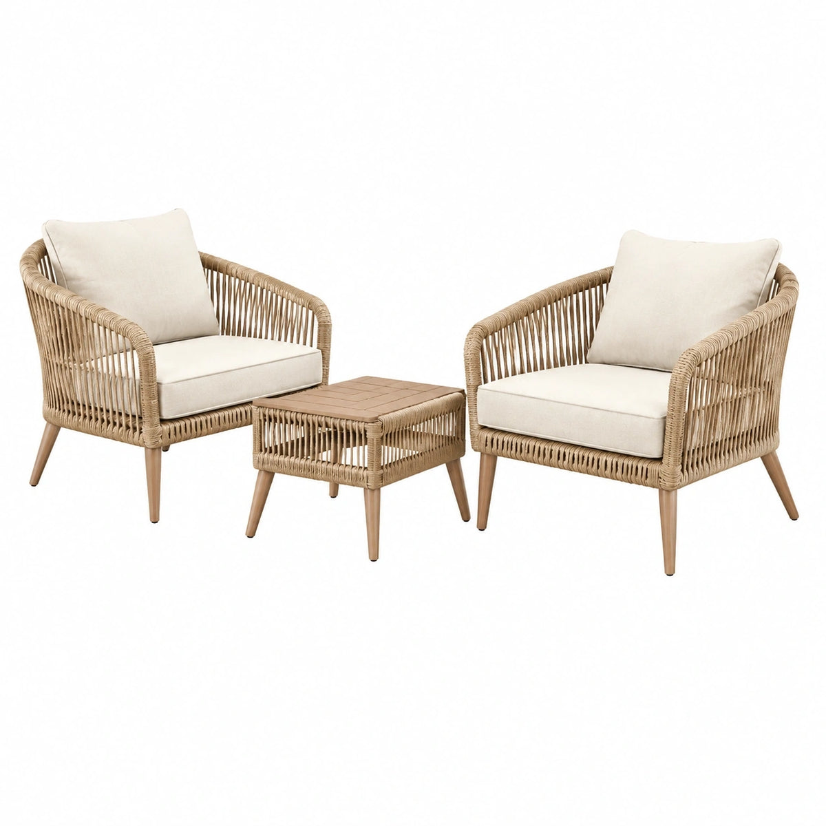 Salon de jardin 2 fauteuils et table 60 x 60 cm en rotin tressé beige style naturel