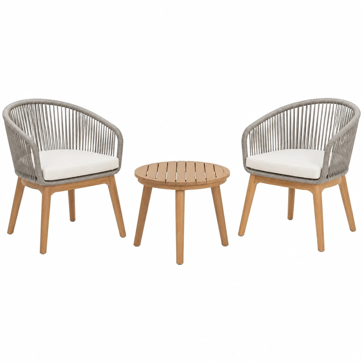 Salon de jardin 2 fauteuils et table ronde diamètre 60 cm - bois naturel et cordage gris - style contemporain