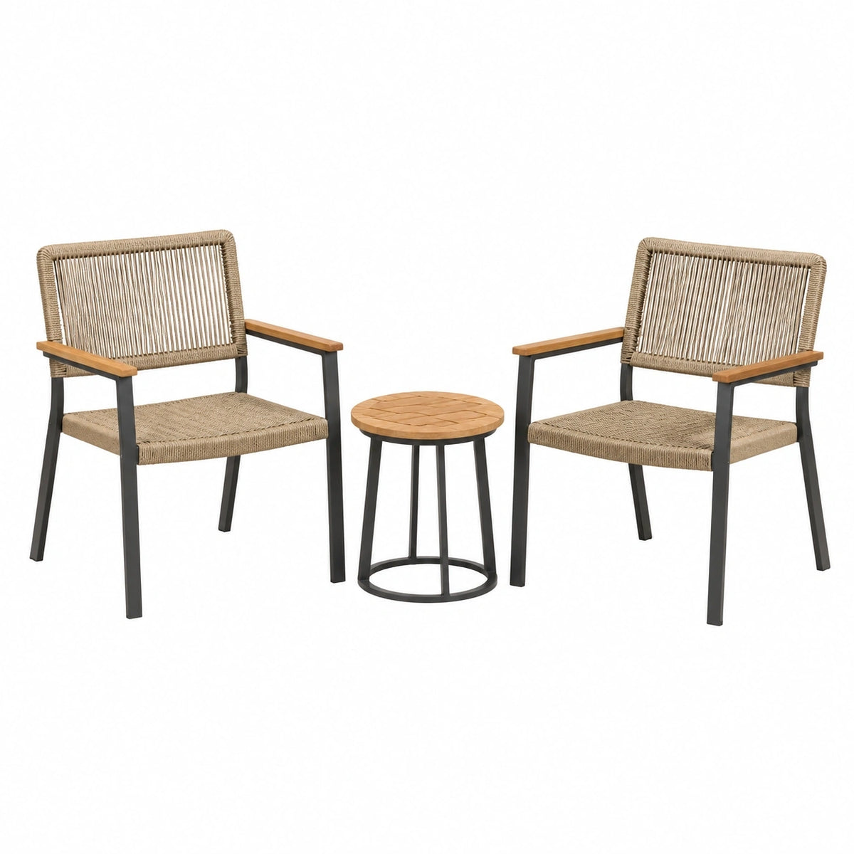 Salon de jardin 2 fauteuils et table ronde diamètre 50 cm corde tressée bois métal naturel noir style contemporain