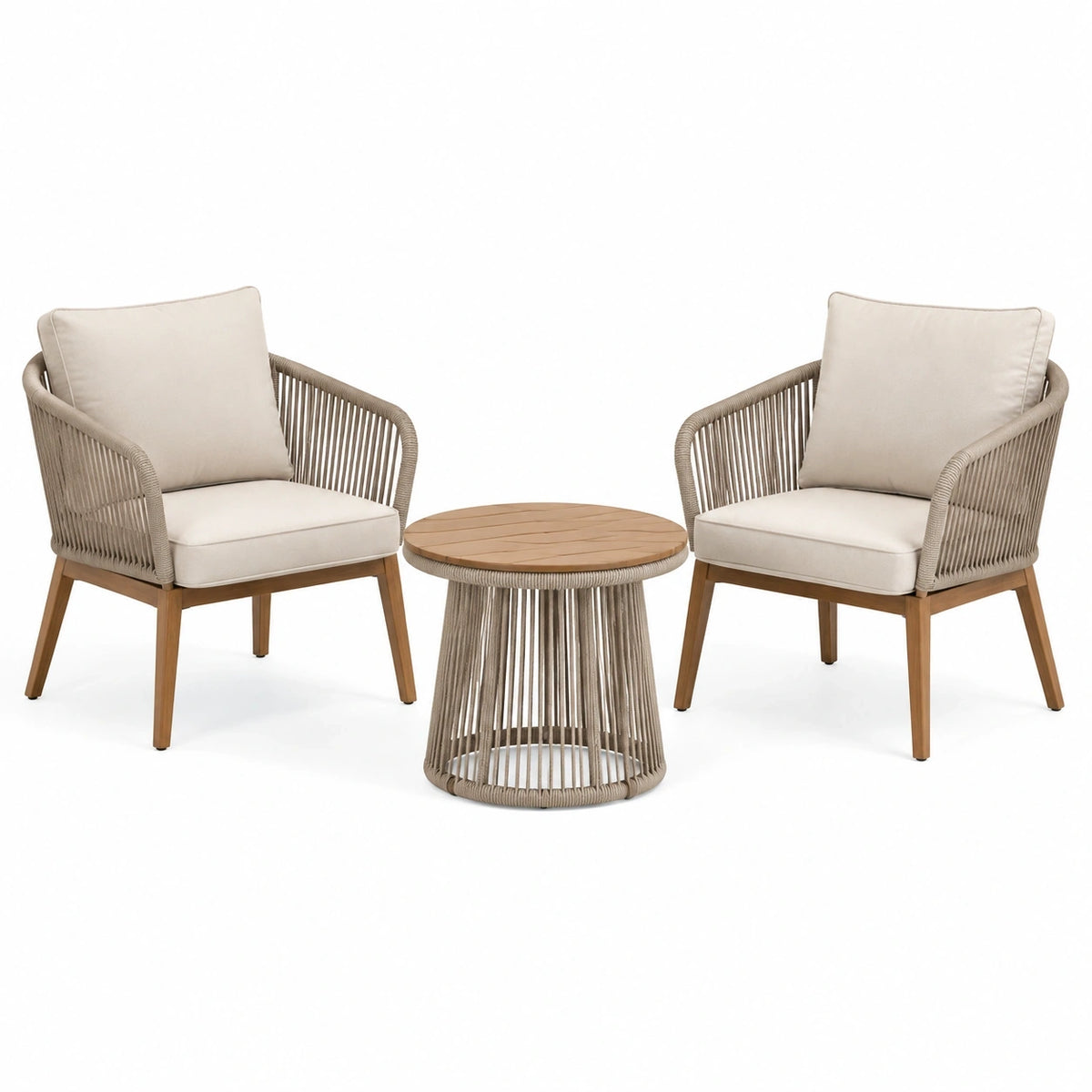 Salon de jardin 2 fauteuils et table ronde en bois et corde beige style contemporain
