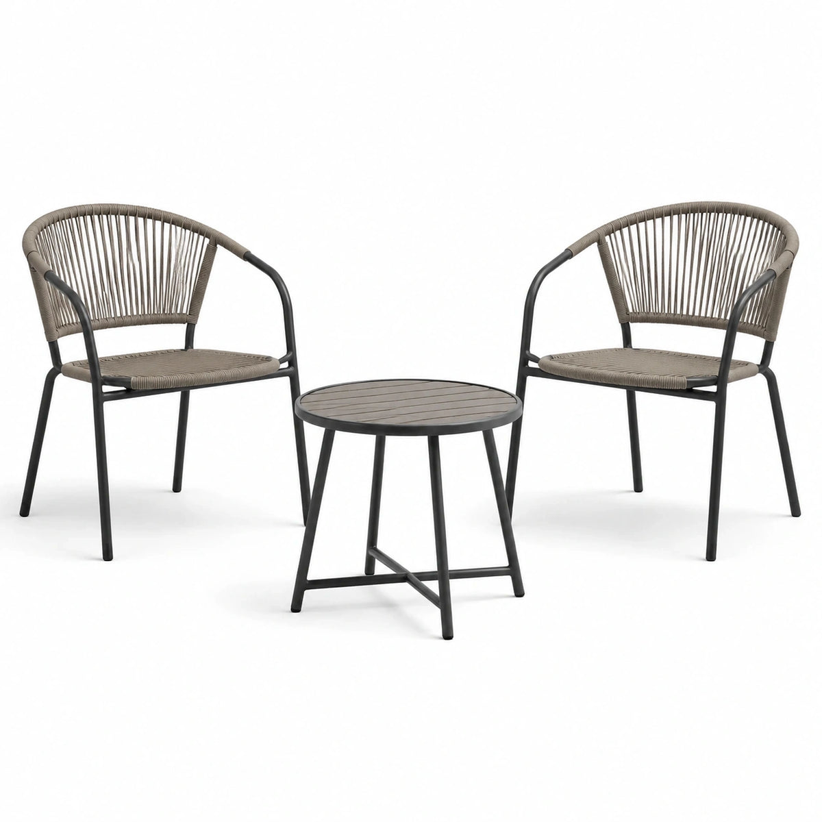 Salon de jardin 2 fauteuils et table ronde 60 cm métal et corde taupe noir style contemporain