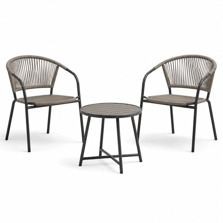Salon de jardin 2 fauteuils et table ronde 60 cm métal et corde taupe noir style contemporain