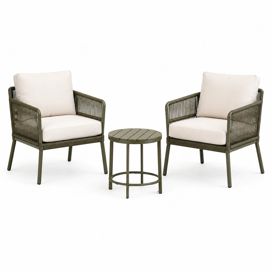 Salon de jardin 2 fauteuils et table ronde 60 cm métal et corde vert olive crème contemporain